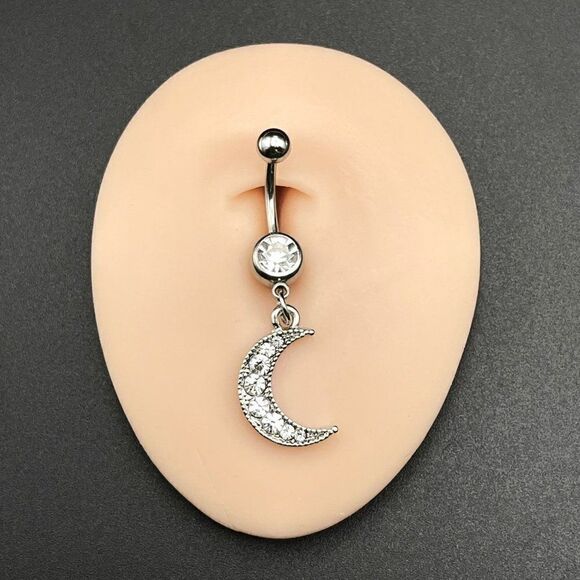 316L Stainless Steel with White Diamond Cubic Zirconia Crescent Moon Belly Ring - Picture 6 of 7
